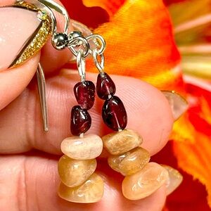 Elegant genuine SunStone and Garnet chip/Drop Earrings